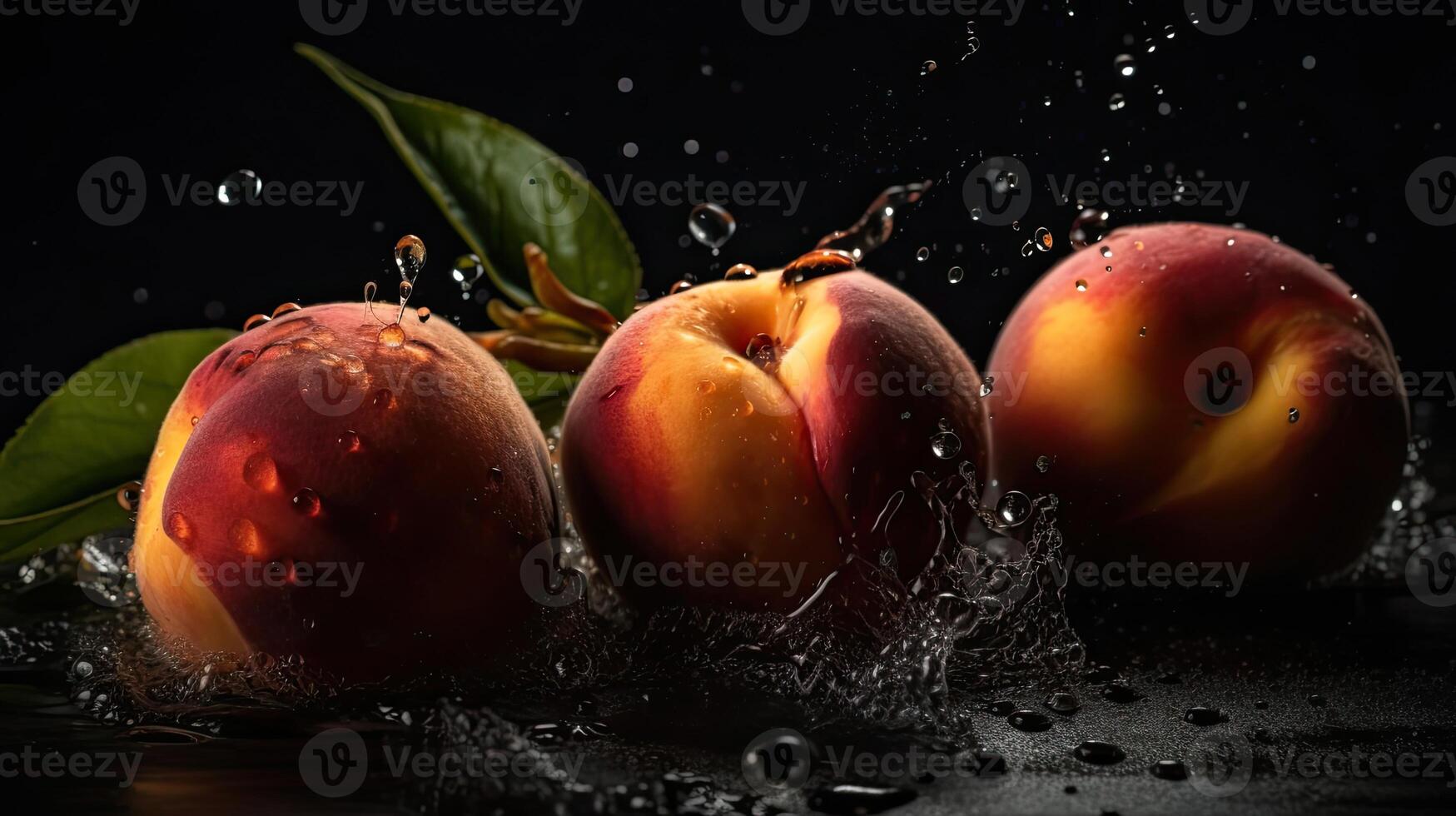 Fresh Peach hit by splashes of water with black blur background, AI Generative photo