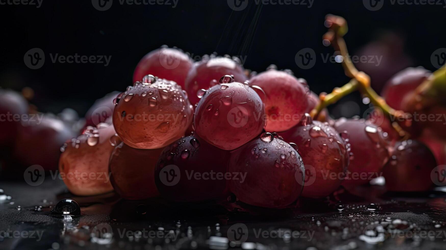 Close-up grape fruits hit by splashes of water with black blur background, photo
