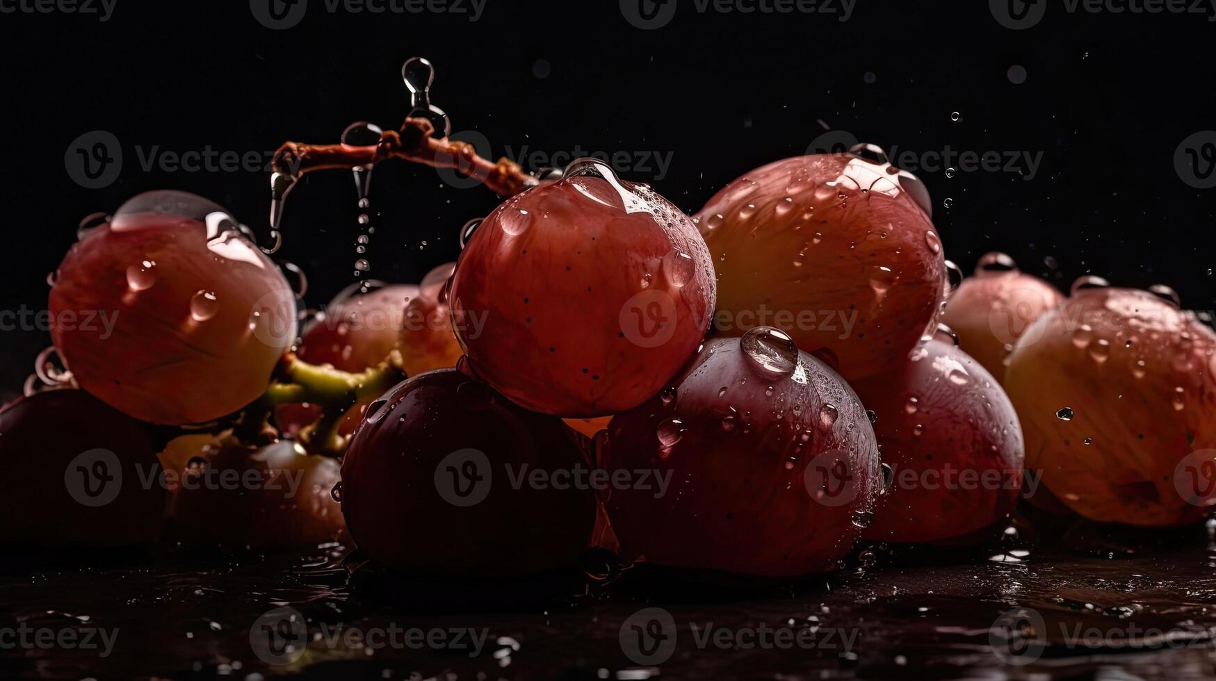 Close-up grape fruits hit by splashes of water with black blur background, photo
