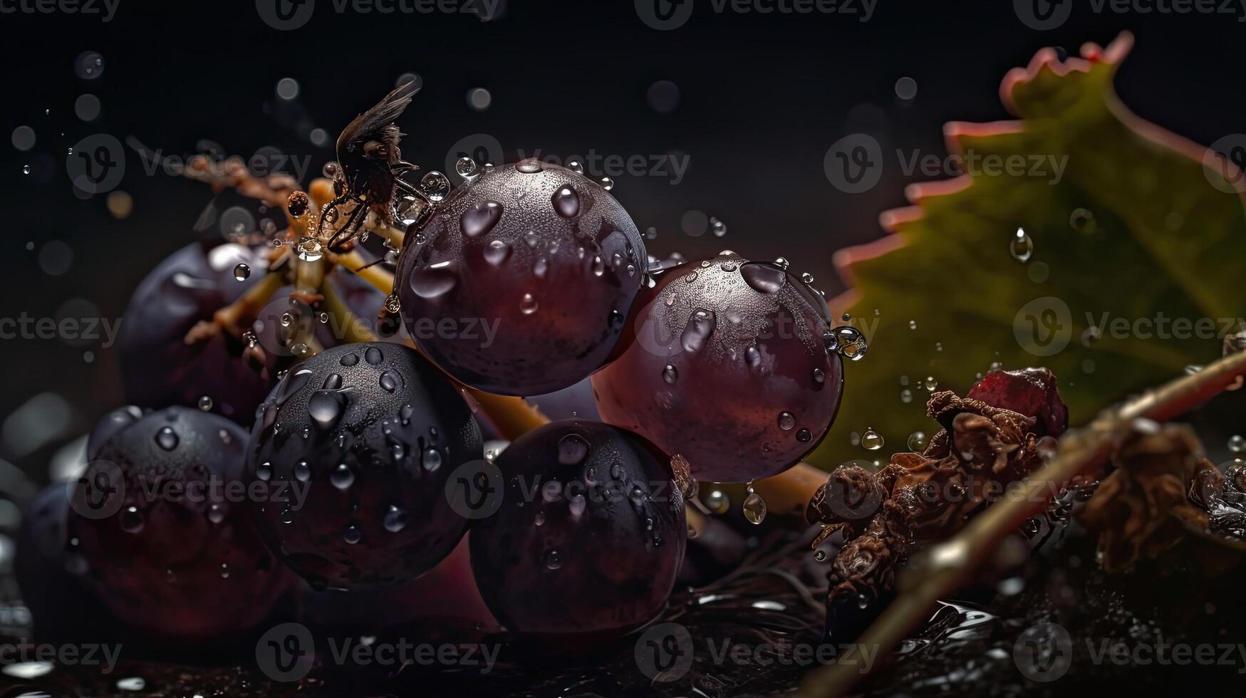 Grape fruits hit by splashes of water with black blur background, photo