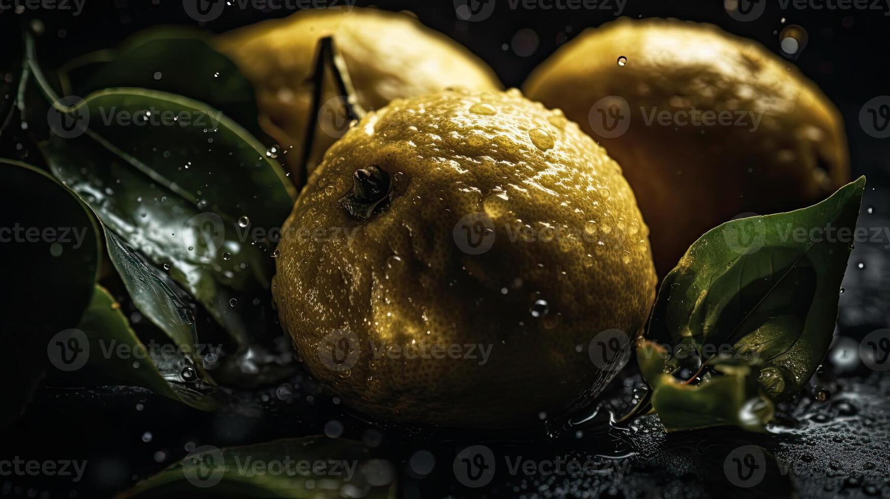 Fresh Lemon hit by splashes of water with black blur background, photo