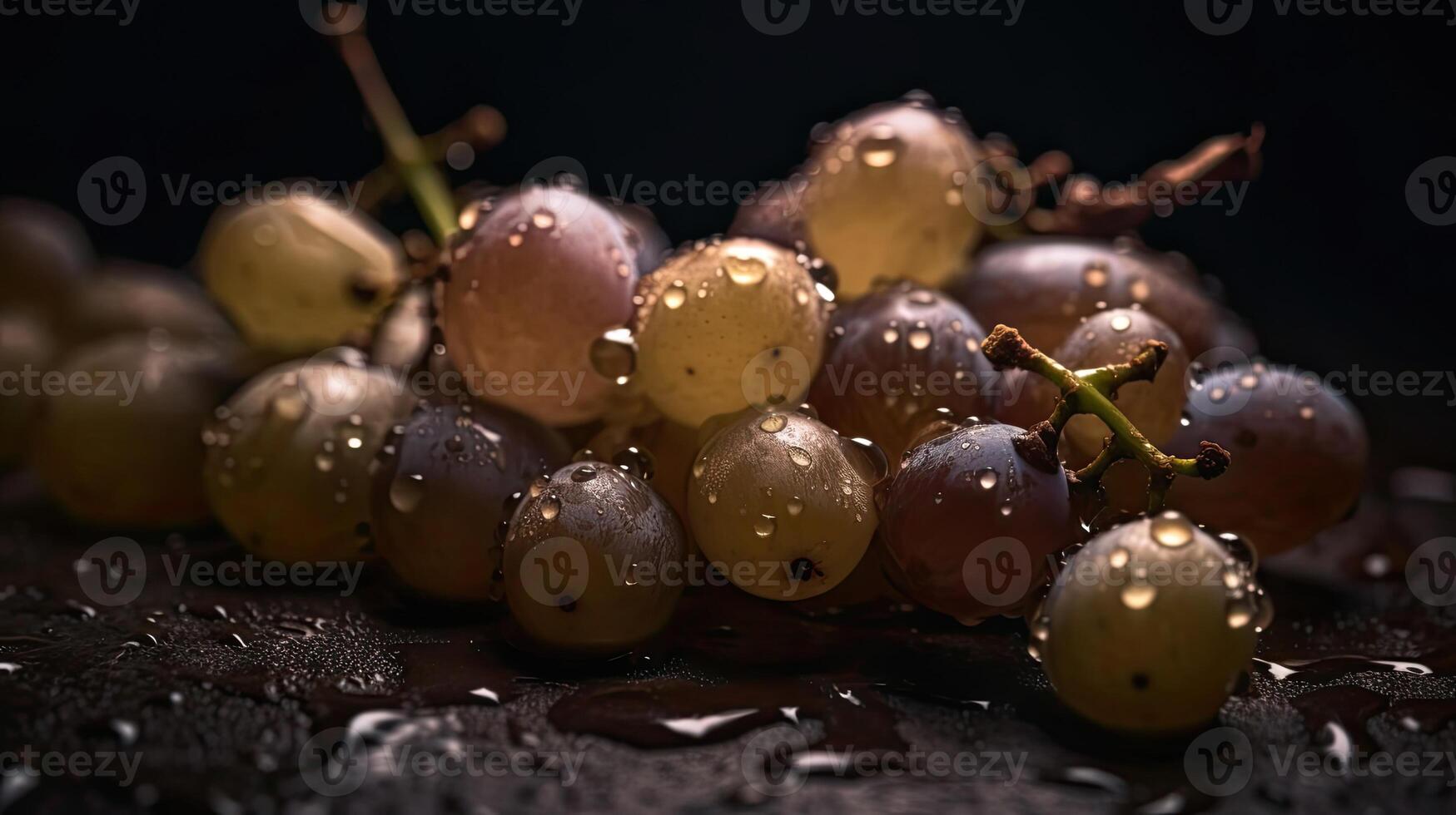 Close-up grape fruits hit by splashes of water with black blur background, photo