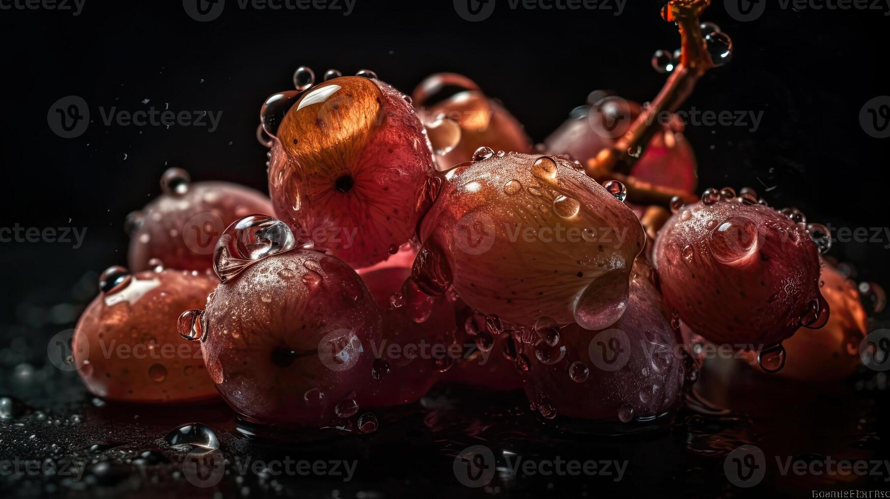 Grape fruits hit by splashes of water with black blur background, photo
