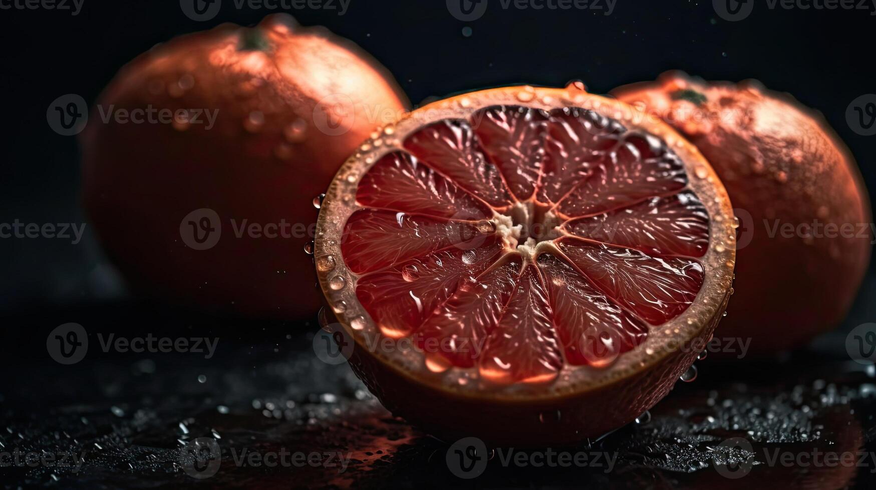Grapefruits hit by splashes of water with black blur background, photo
