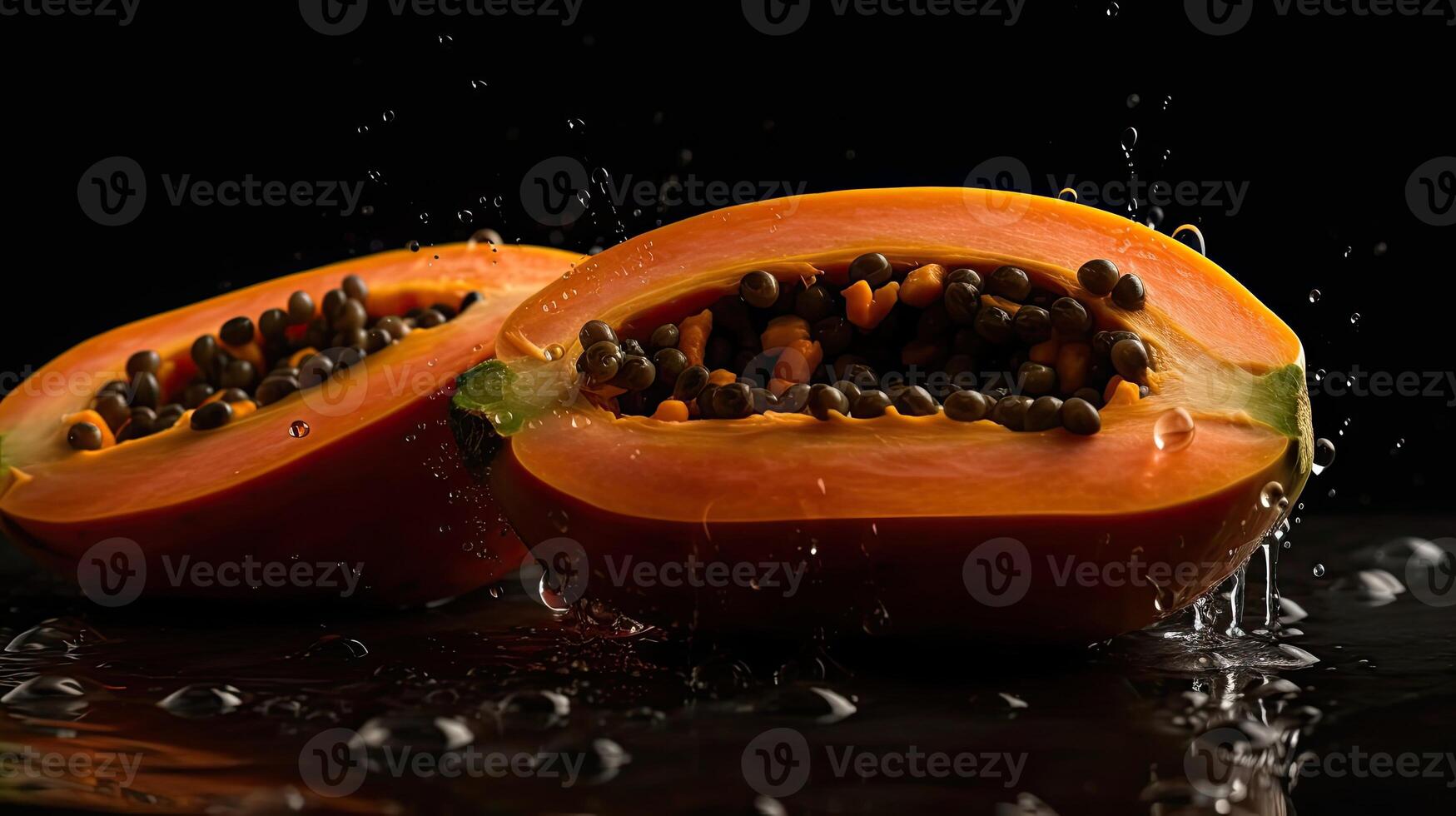 Papaya hit by splashes of water with black blur background, AI Generative photo