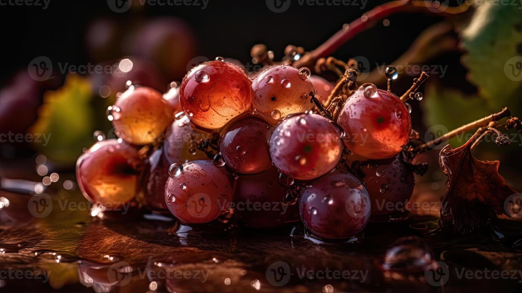 Fresh Grape fruits hit by splashes of water with black blur background, photo