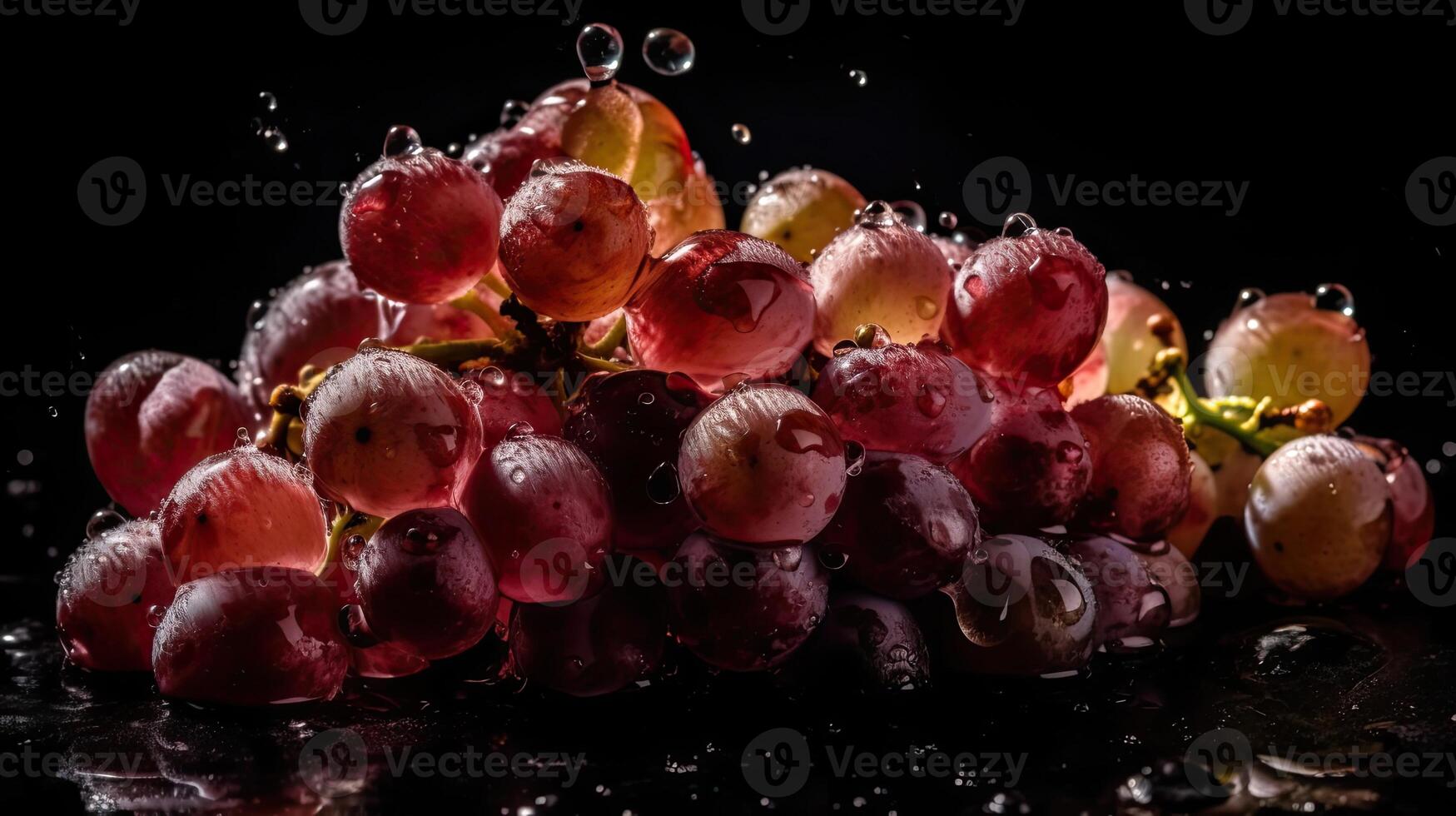 Fresh Grape fruits hit by splashes of water with black blur background, photo
