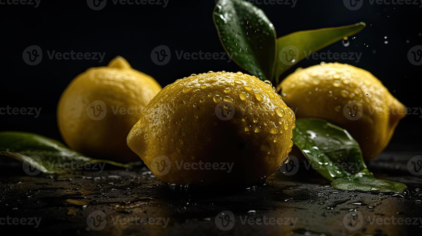 Fresh Lemon hit by splashes of water with black blur background, photo