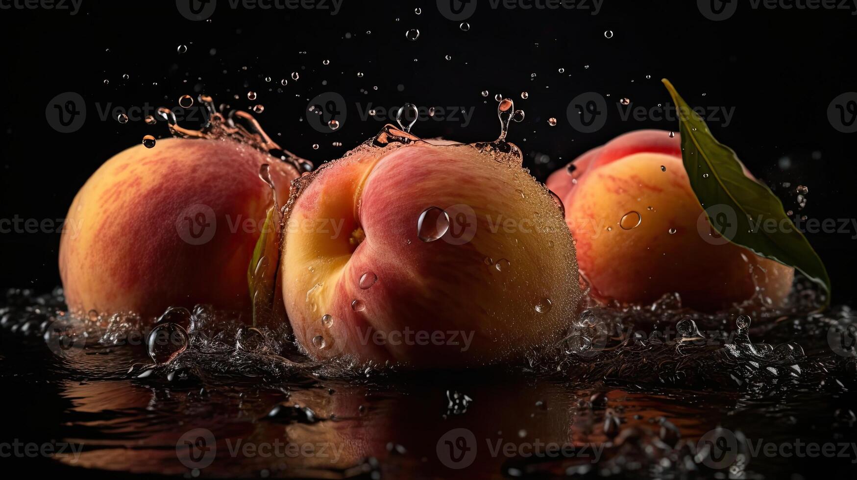 Peach hit by splashes of water with black blur background, AI Generative photo