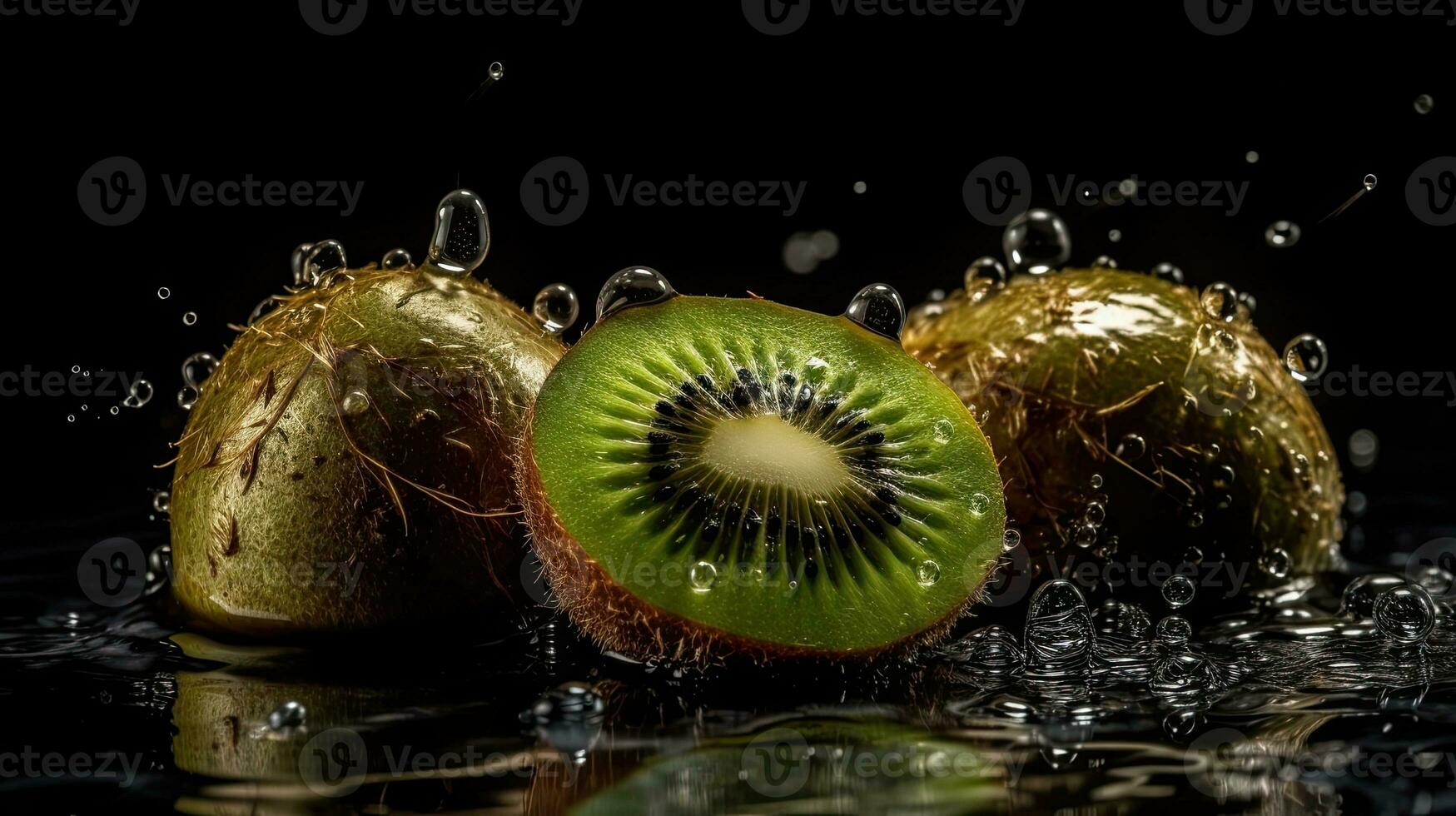 Closeup Kiwi hit by splashes of water with black blur background, AI Generative photo