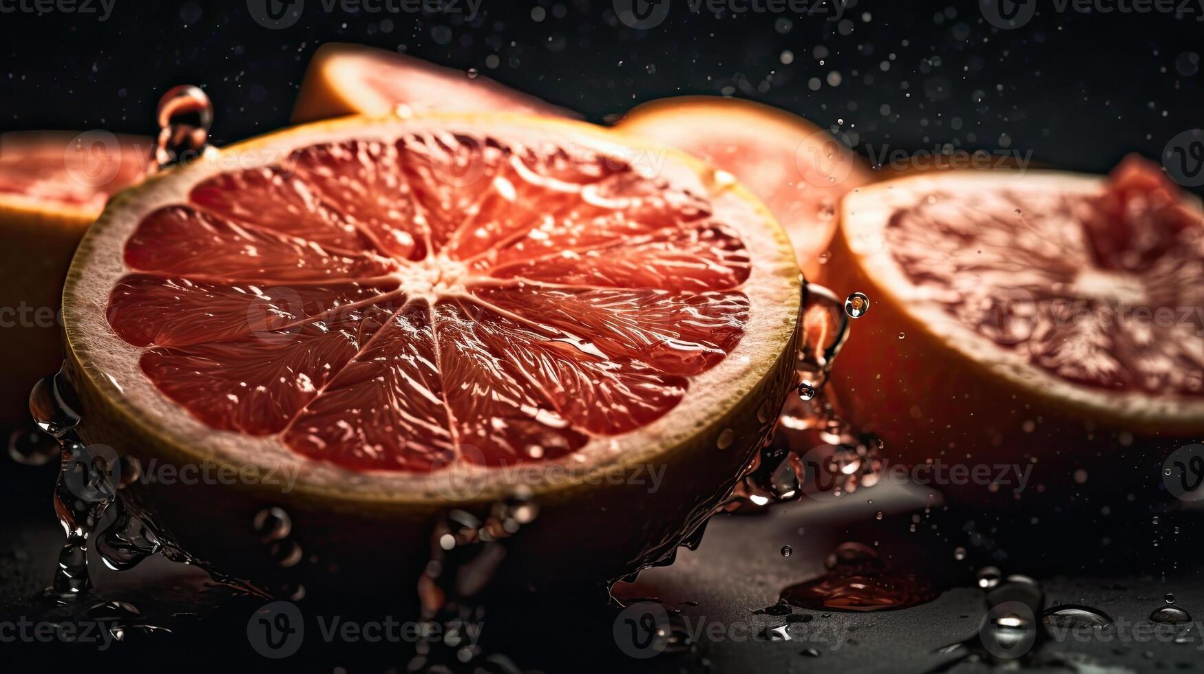 Grapefruits hit by splashes of water with black blur background, photo
