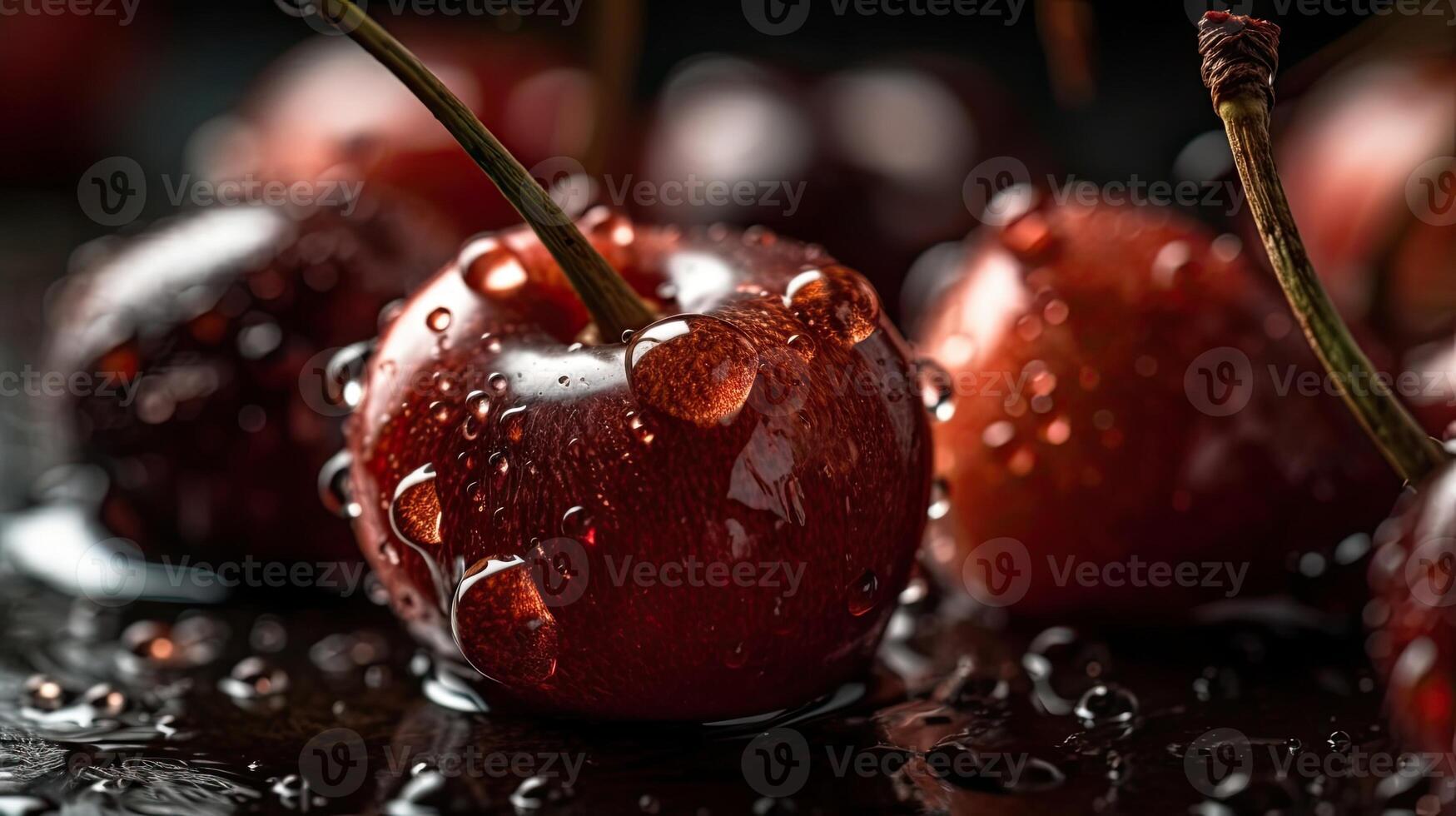 Close up cherry fruits hit by splashes of water with black background and blur, photo