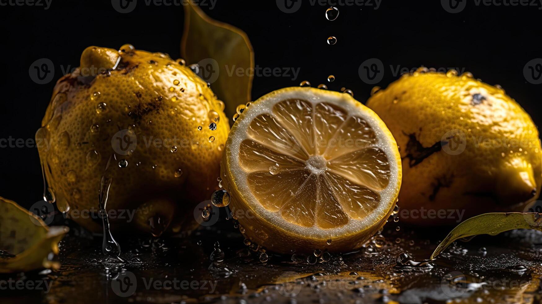 Fresh Lemon hit by splashes of water with black blur background, photo