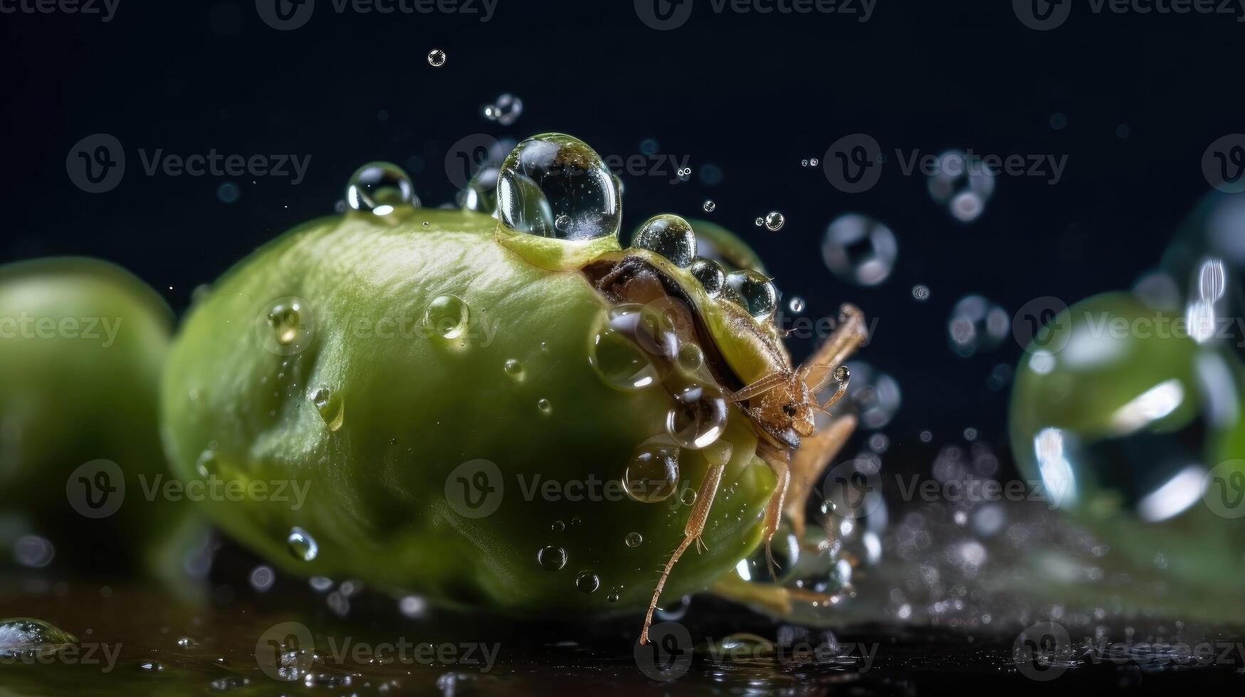 Fresh Green Pea hit by splashes of water with black blur background, AI Generative photo