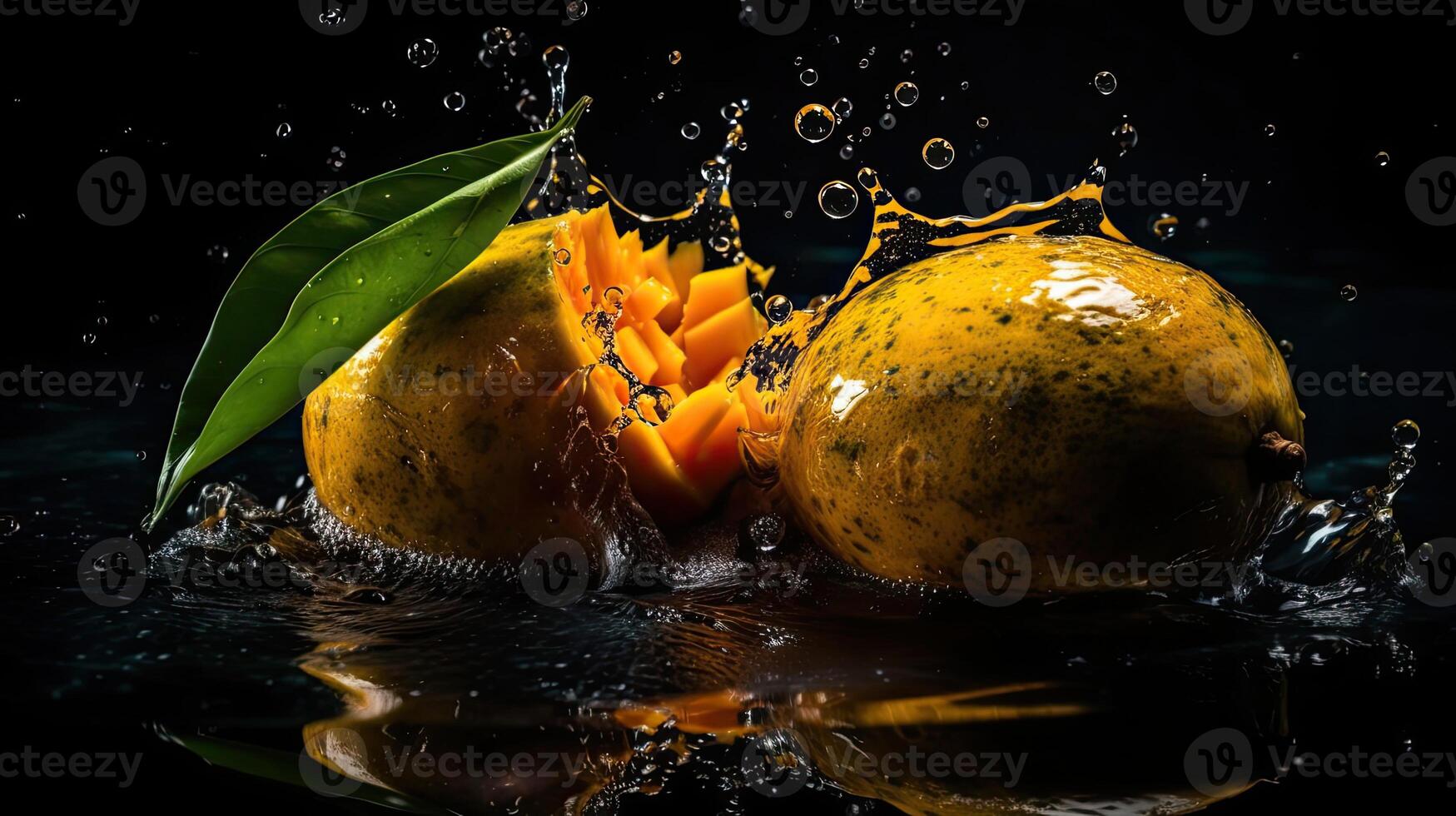 Fresh Mango hit by splashes of water with black blur background, photo
