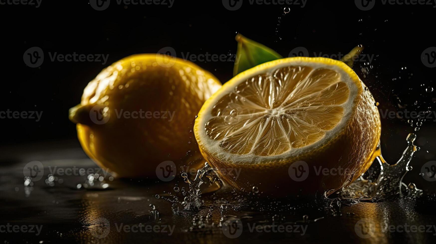 Closeup Lemon hit by splashes of water with black blur background, AI Generative photo