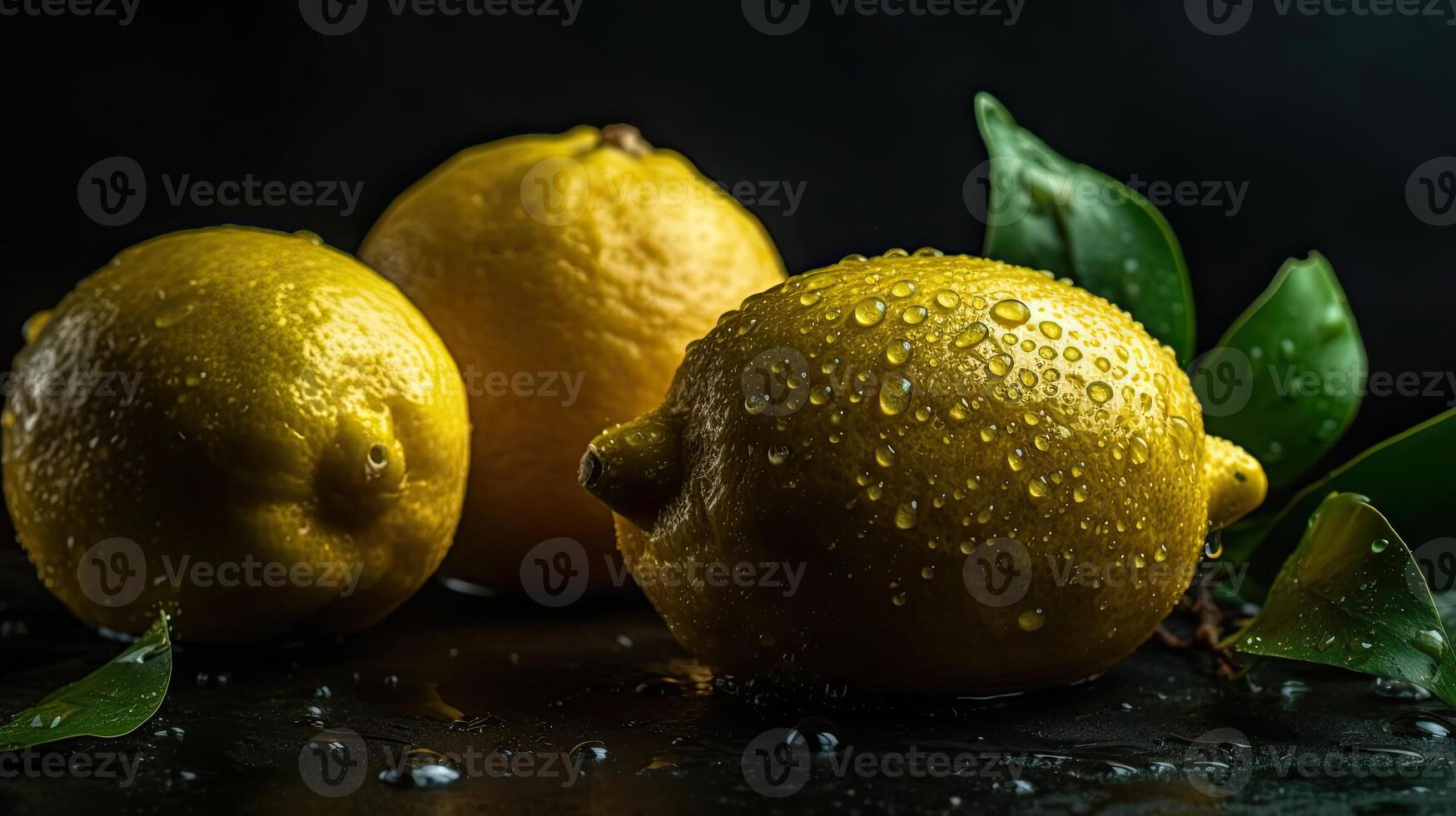 Closeup Lemon hit by splashes of water with black blur background, photo