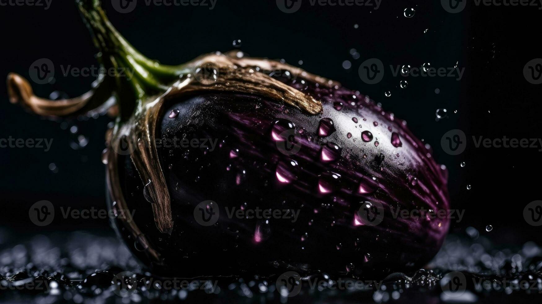 Eggplant hit by splashes of water with black blur background, AI Generative photo