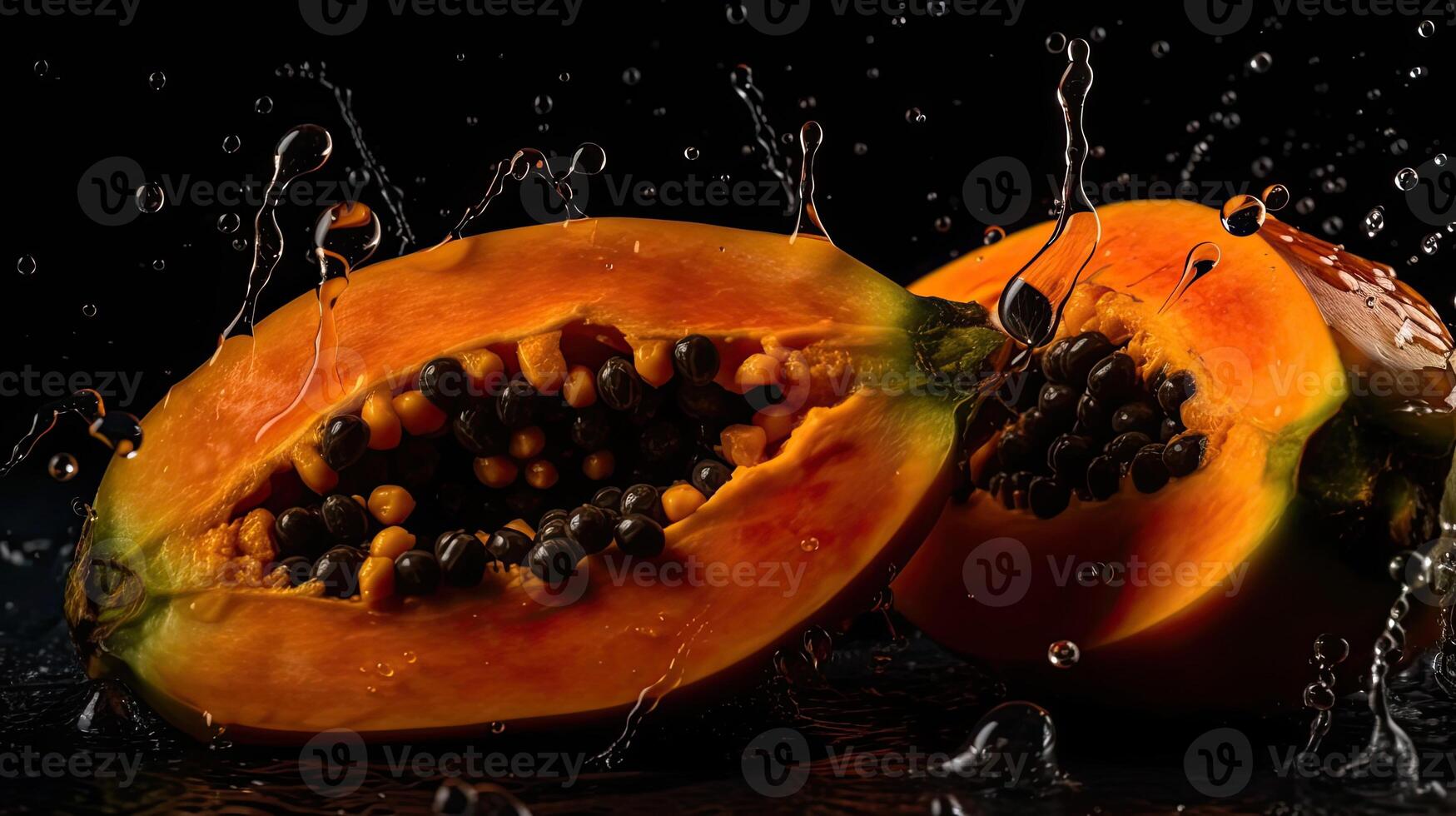 Papaya hit by splashes of water with black blur background, AI Generative photo