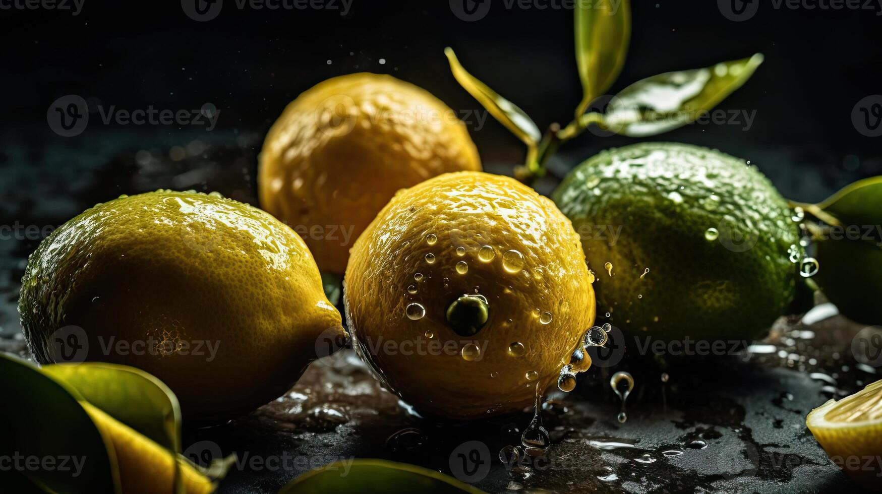 Fresh Lemon hit by splashes of water with black blur background, photo