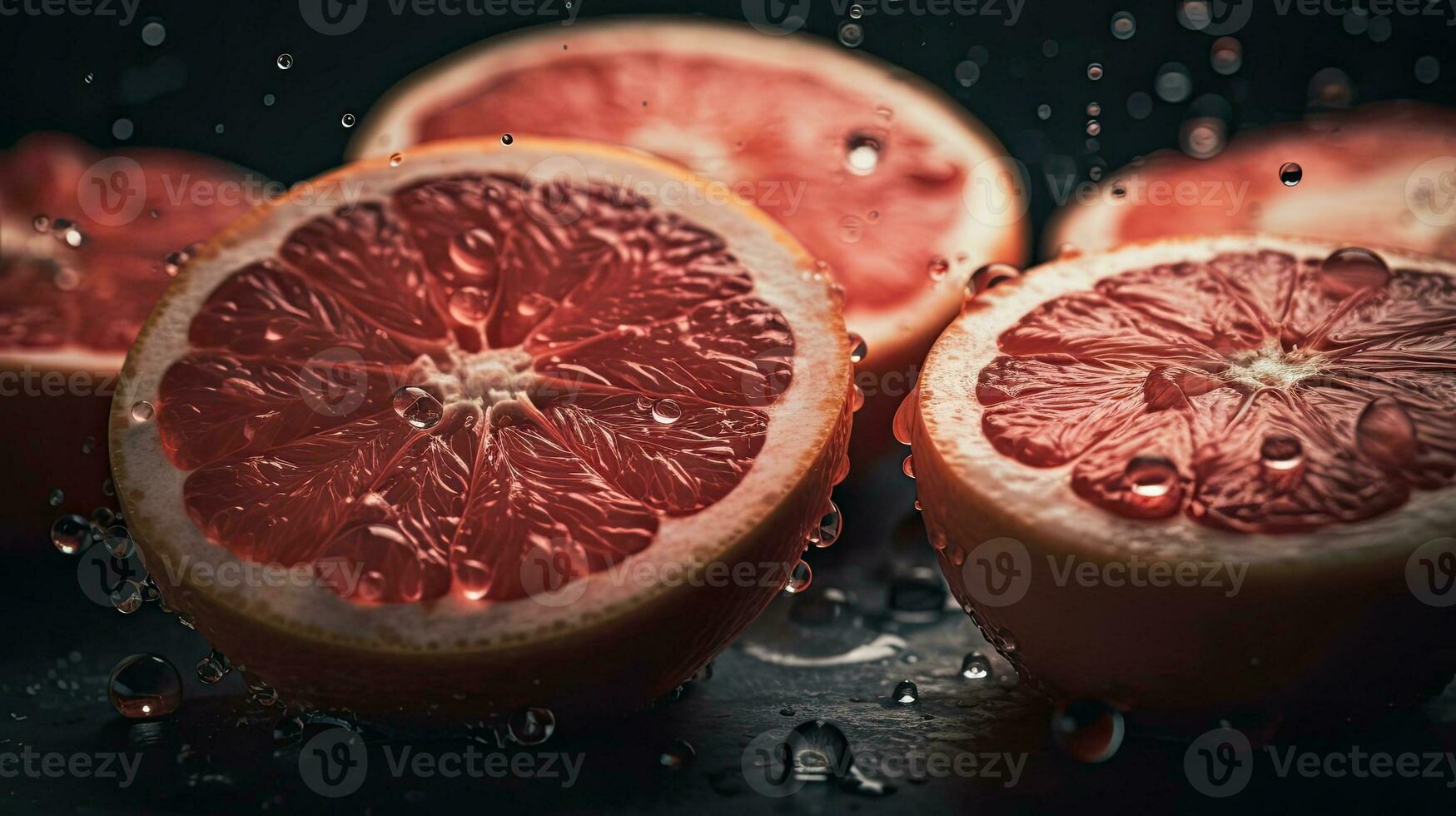 Grapefruits hit by splashes of water with black blur background, AI Generative photo