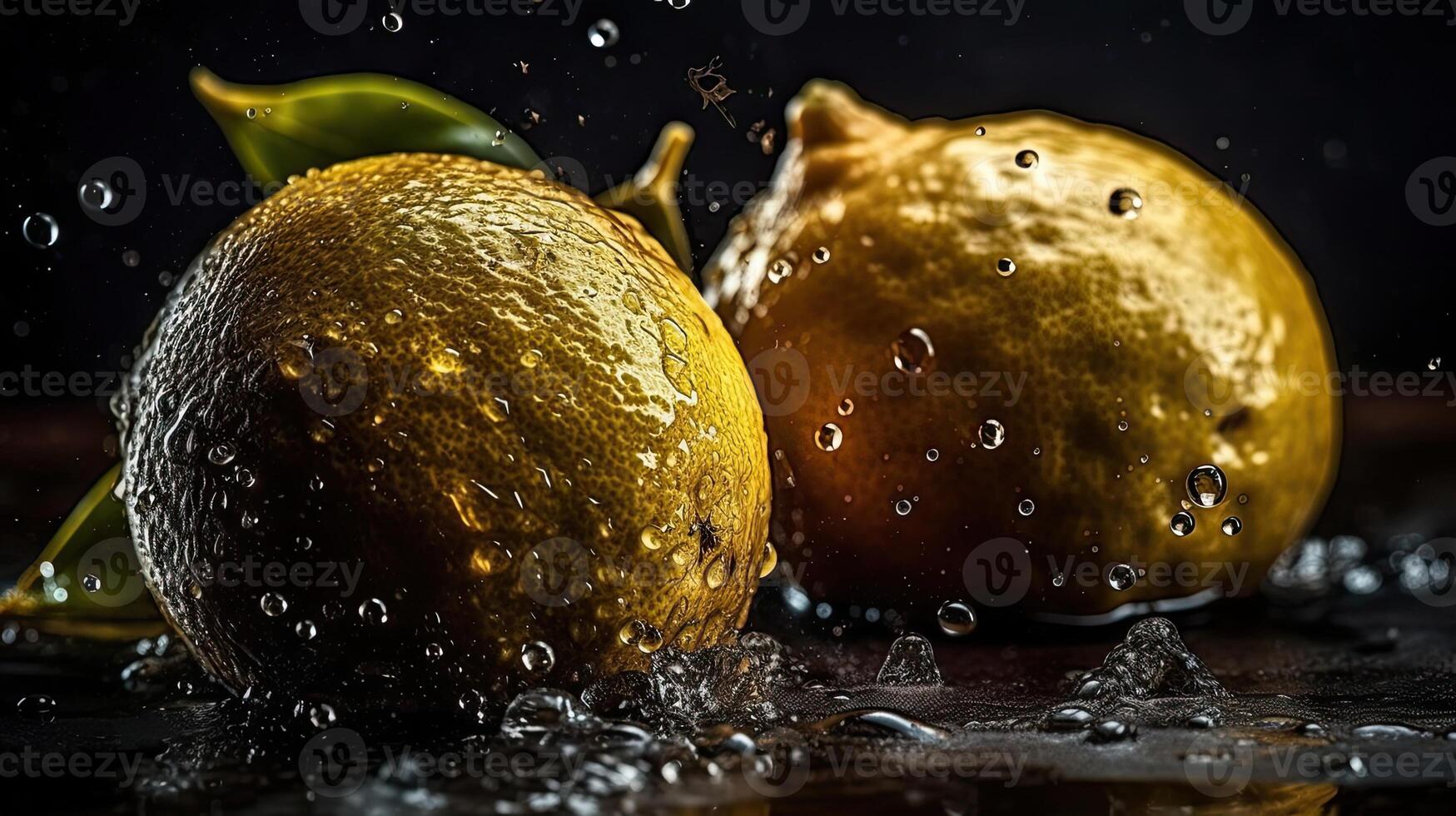 Fresh Lemon hit by splashes of water with black blur background, photo