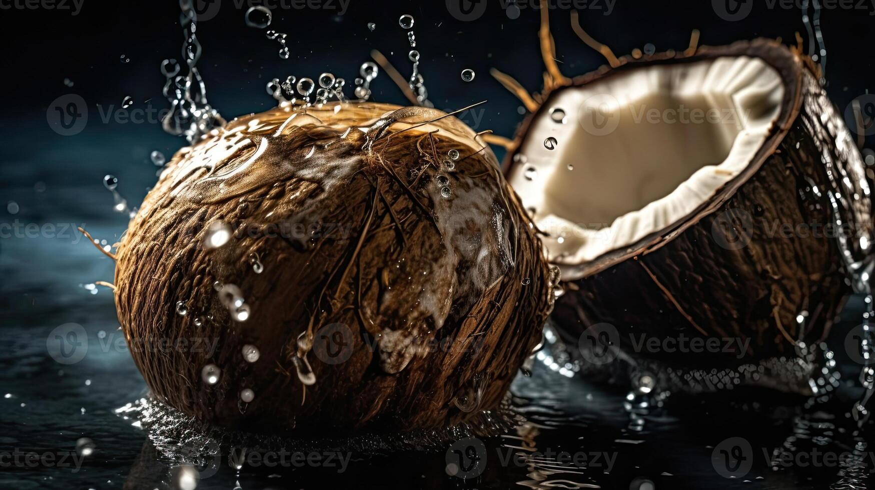 Coconut fruits hit by splashes of water with black blur background, photo
