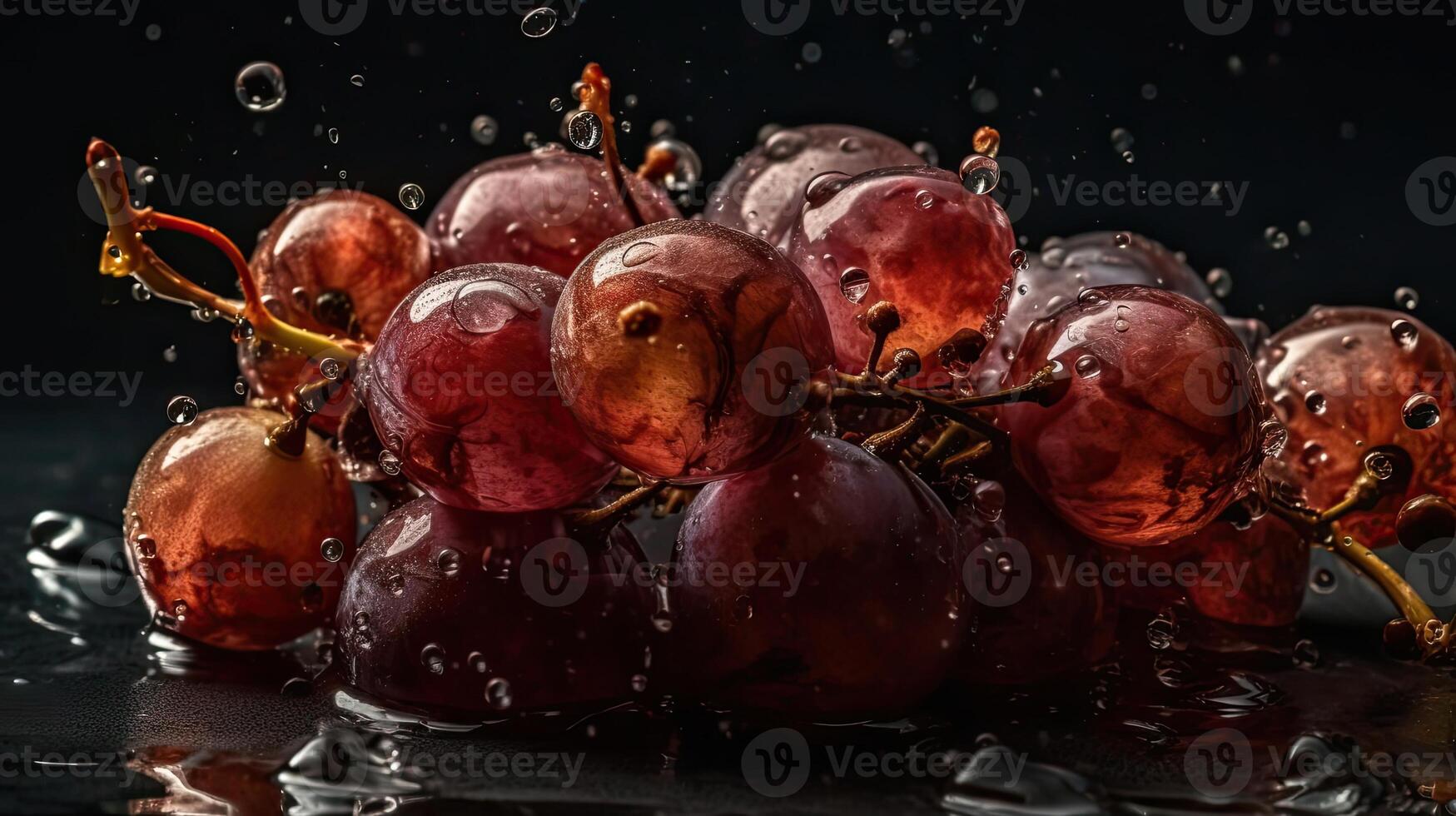 Close-up grape fruits hit by splashes of water with black blur background, photo