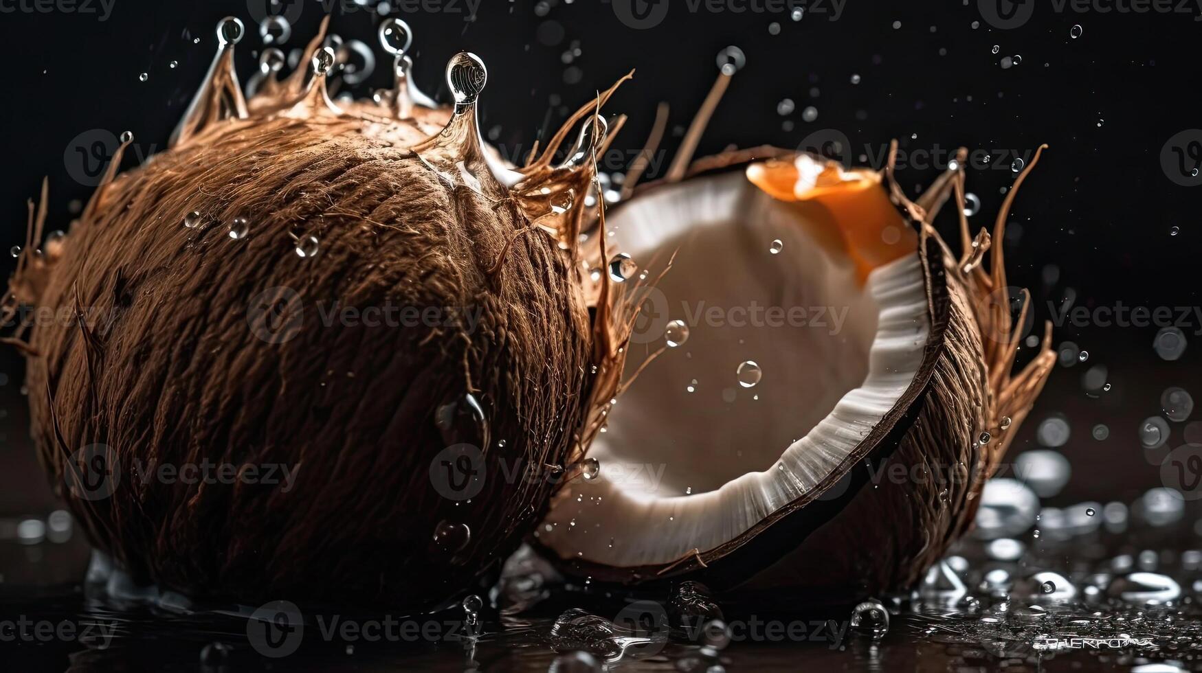 Coconut fruits hit by splashes of water with black blur background, photo