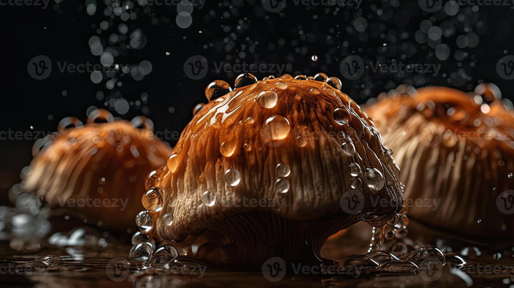 Closeup Mushroom hit by splashes of water with black blur background, AI Generative photo