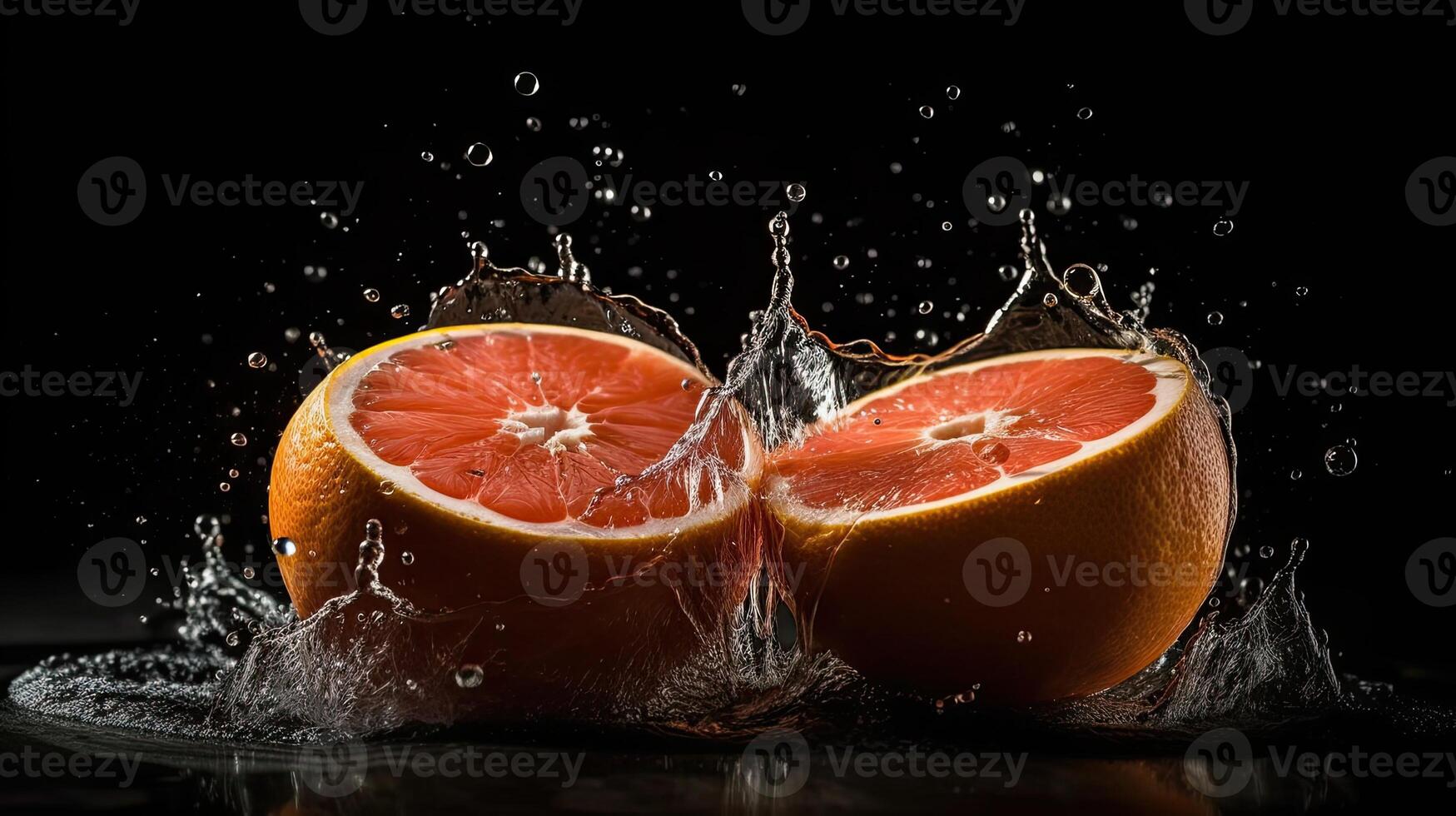 Grapefruits hit by splashes of water with black blur background, AI Generative photo