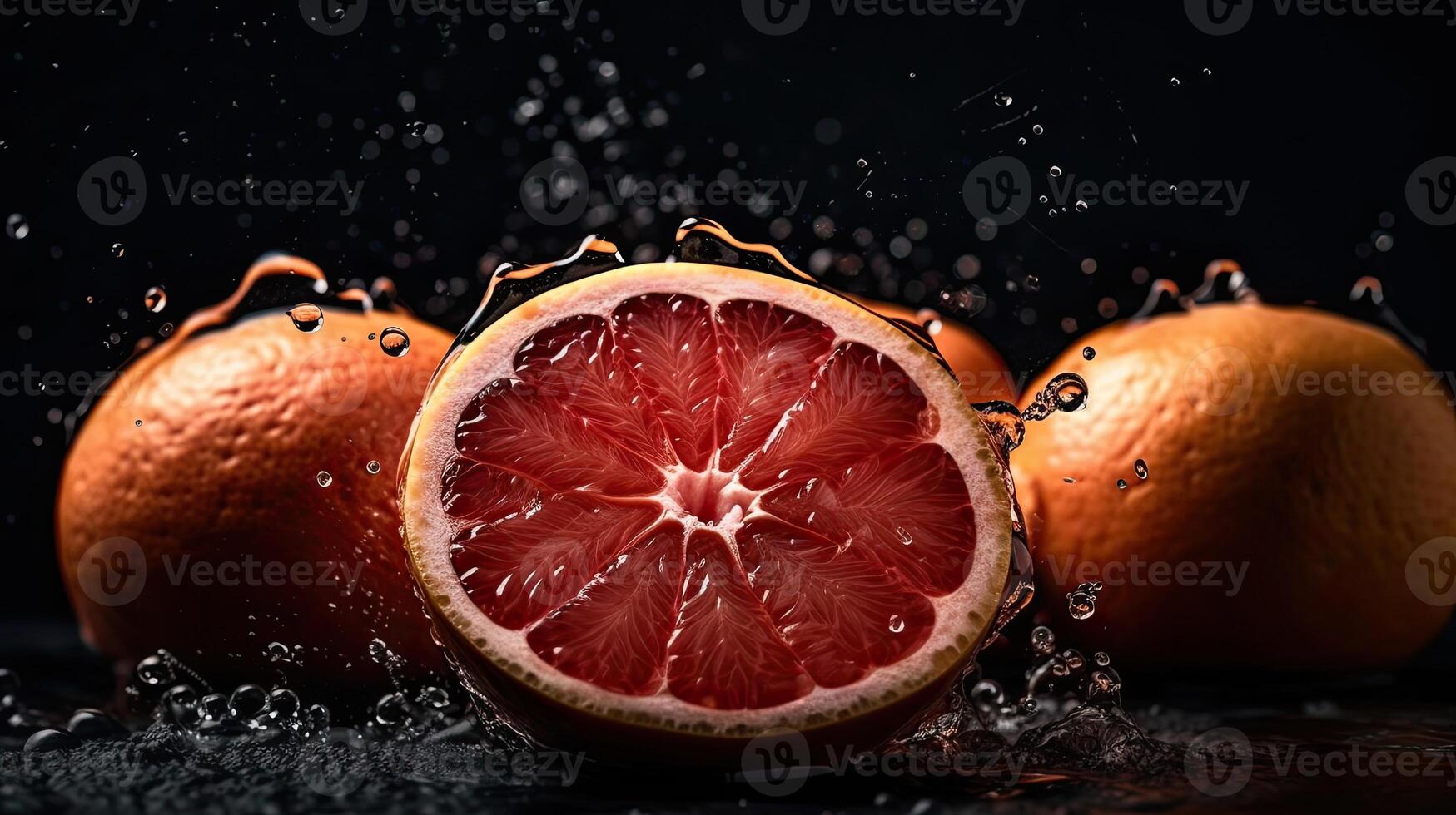 Grapefruits hit by splashes of water with black blur background, AI Generative photo