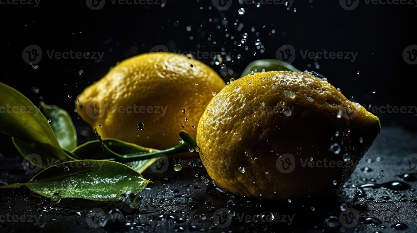 Fresh Lemon hit by splashes of water with black blur background, photo