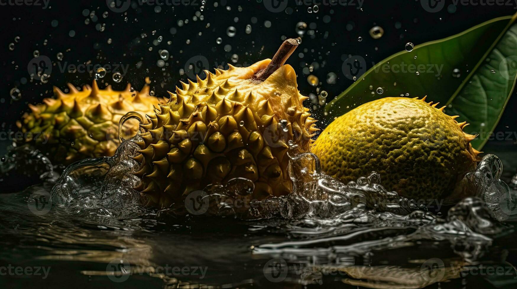 Jackfruit hit by splashes of water with black blur background, AI Generative photo