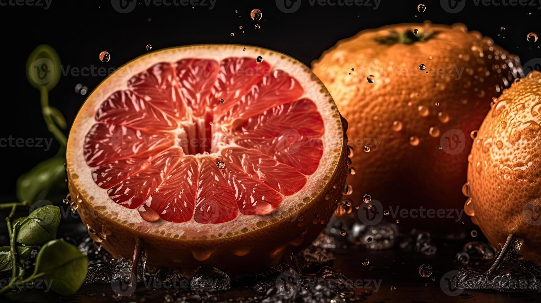 Grapefruits hit by splashes of water with black blur background, photo