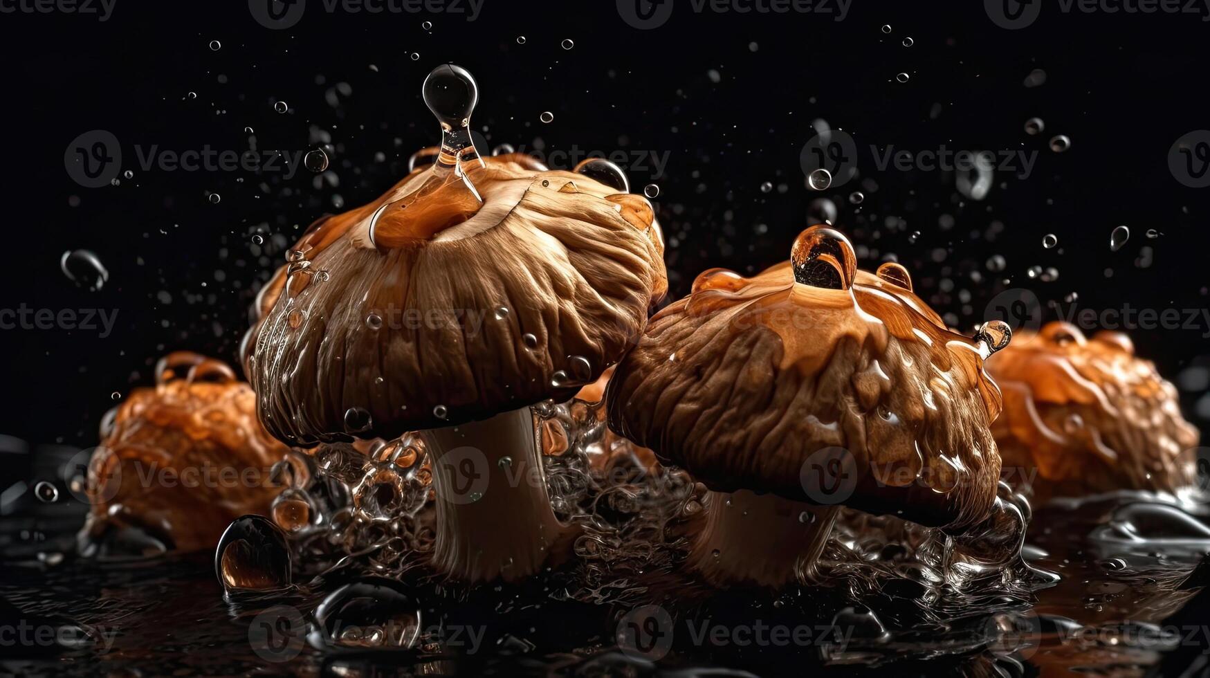 Mushroom hit by splashes of water with black blur background, photo