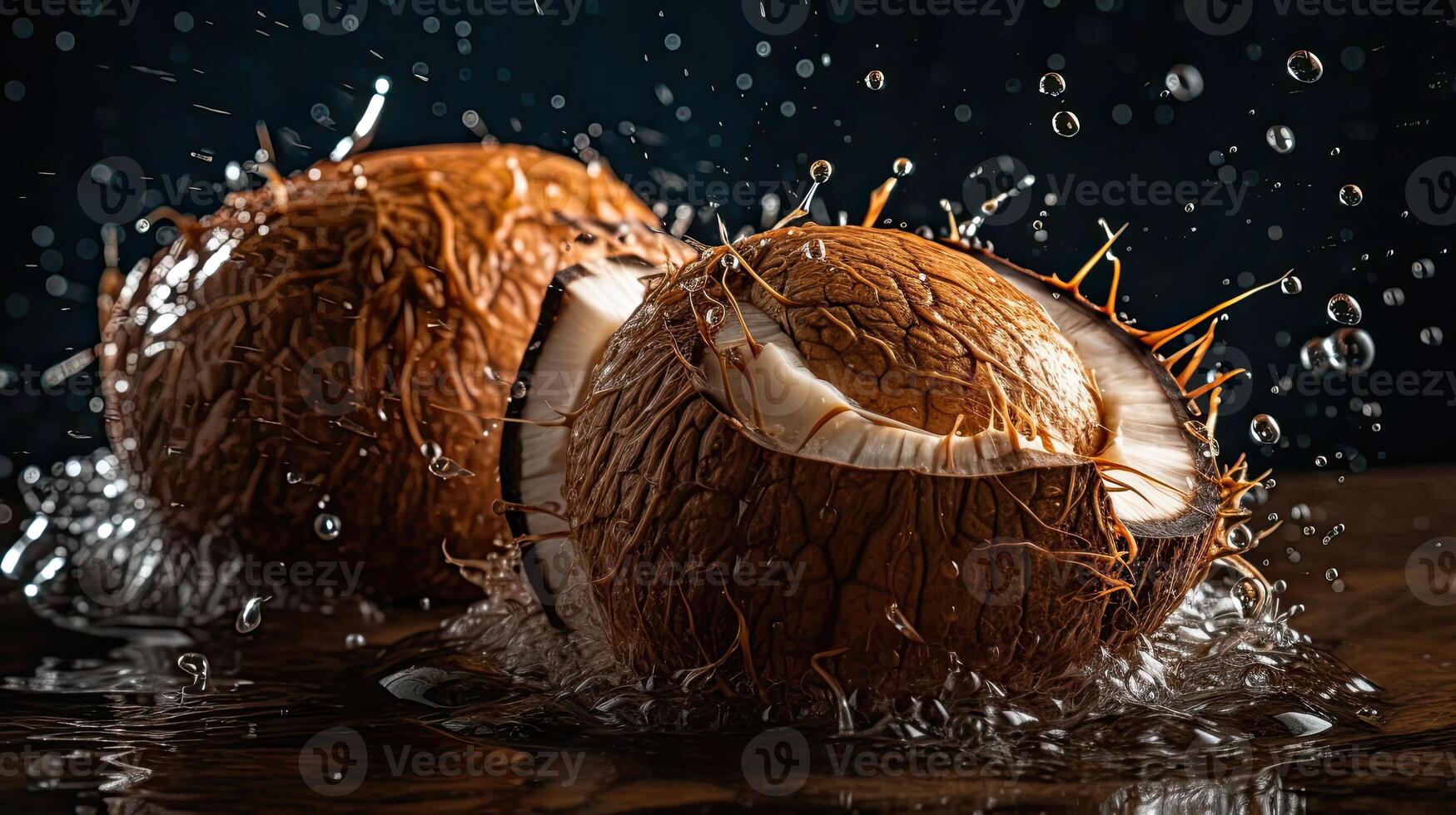 Coconut fruits hit by splashes of water with black blur background, photo