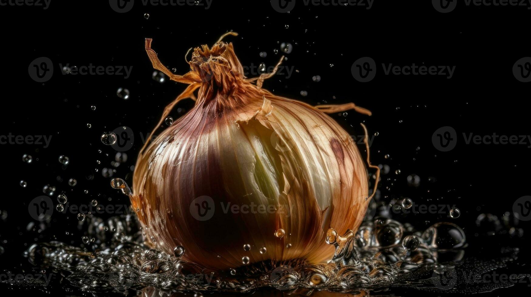 Onion hit by splashes of water with black blur background, AI Generative photo