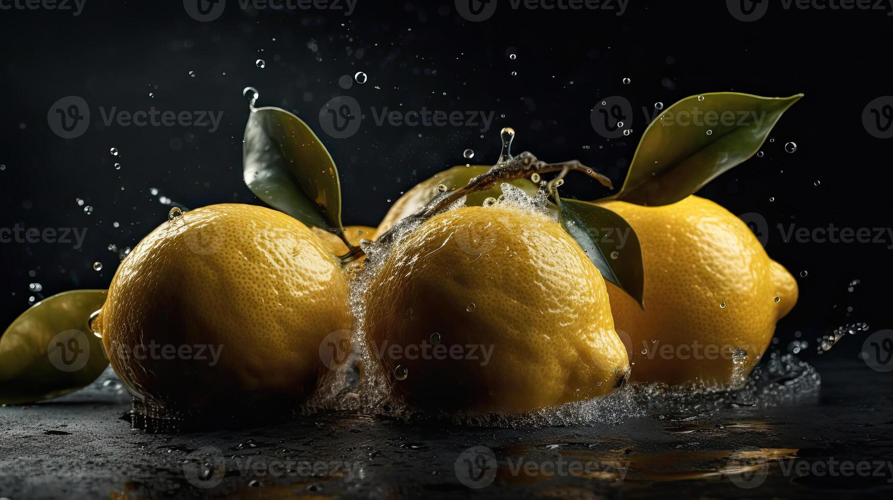 Fresh Lemon hit by splashes of water with black blur background, photo