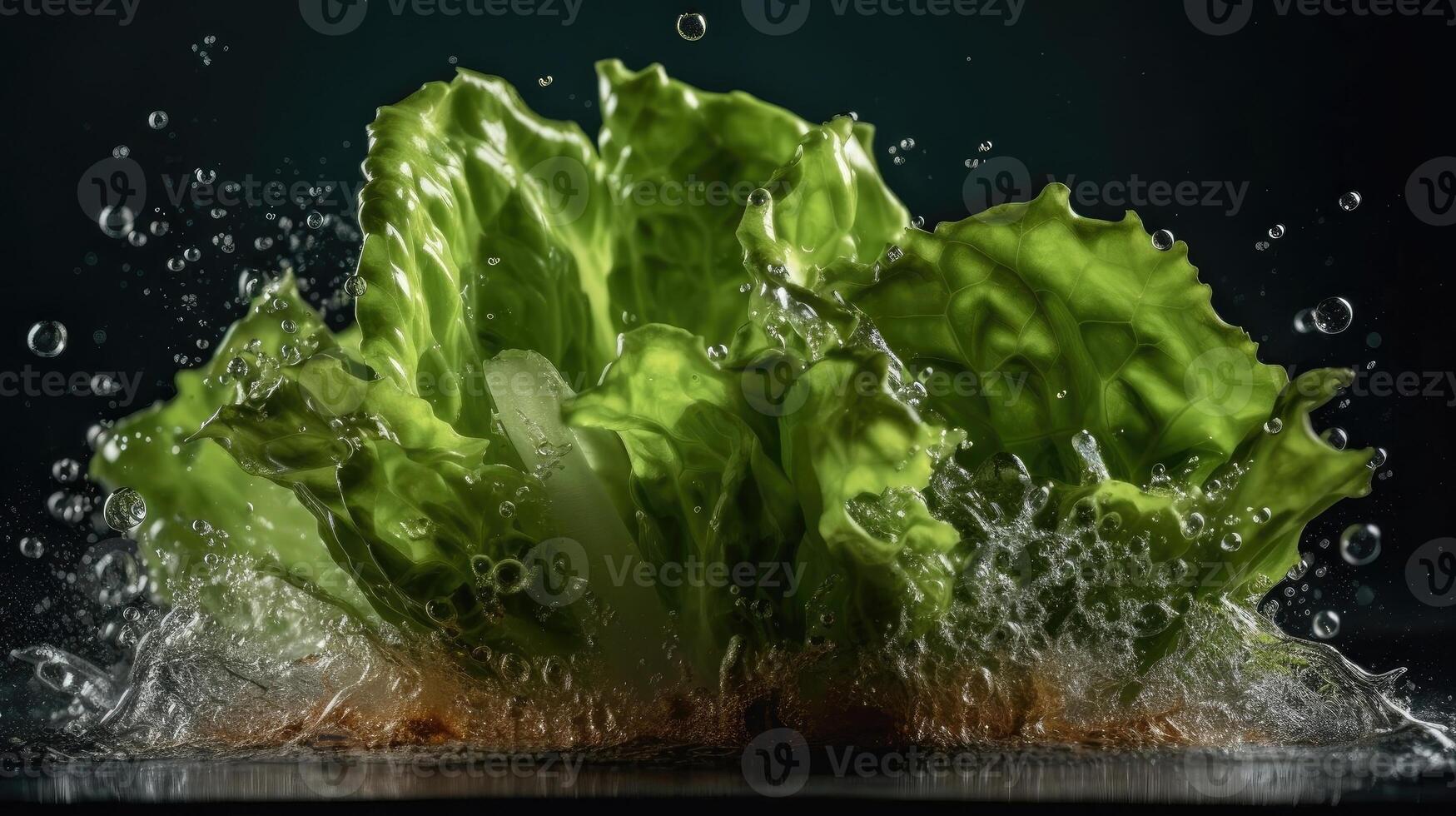 Fresh Green Lettuce hit by splashes of water with black blur background, AI Generative photo