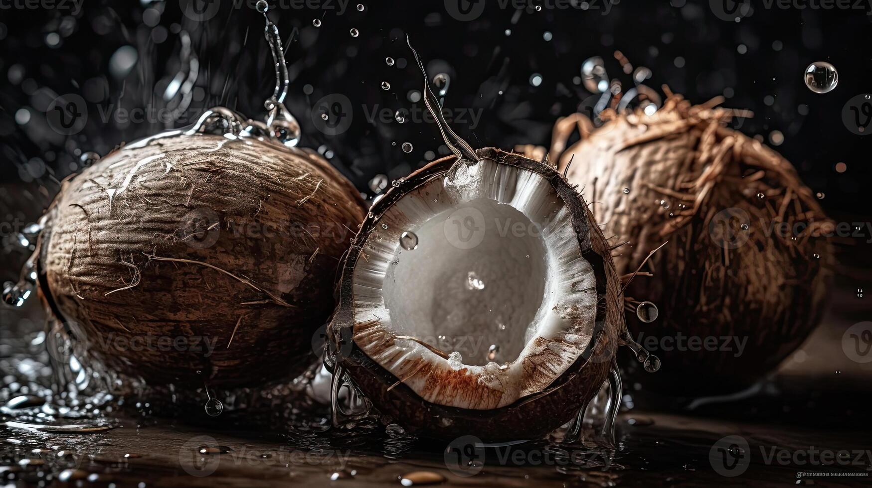 Coconut fruits hit by splashes of water with black blur background, photo