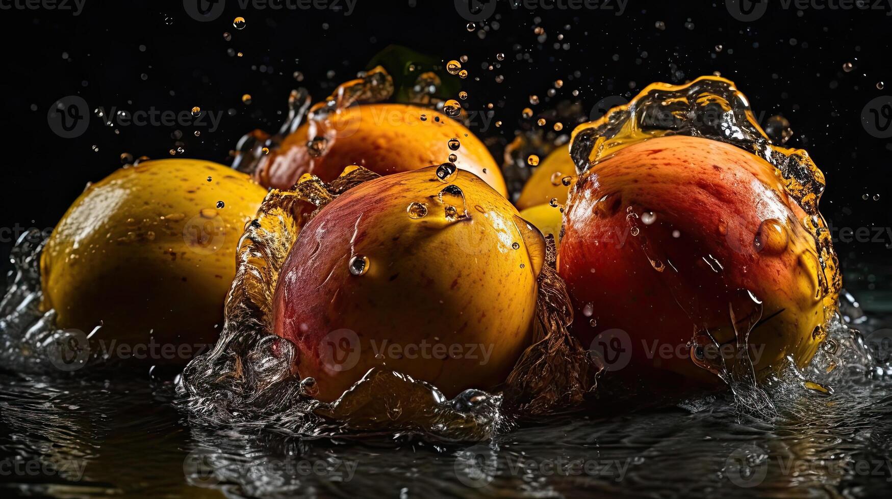 Closeup Fresh Mango hit by splashes of water with black blur background, photo