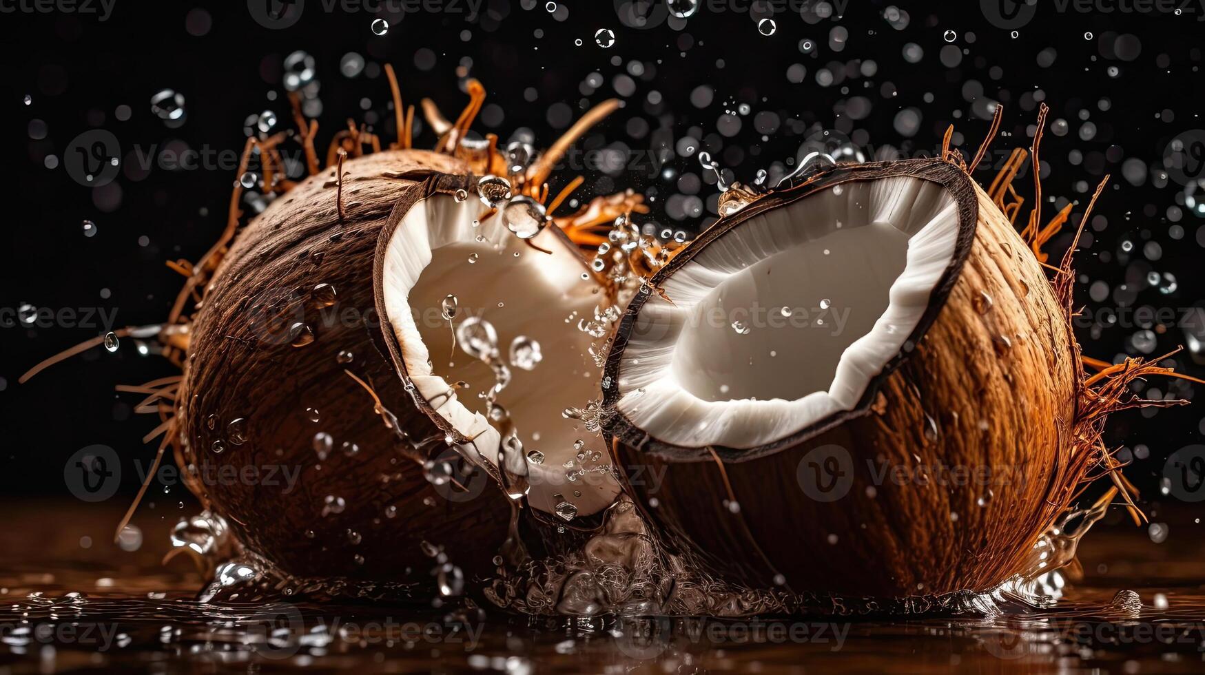 Coconut fruits hit by splashes of water with black blur background, photo