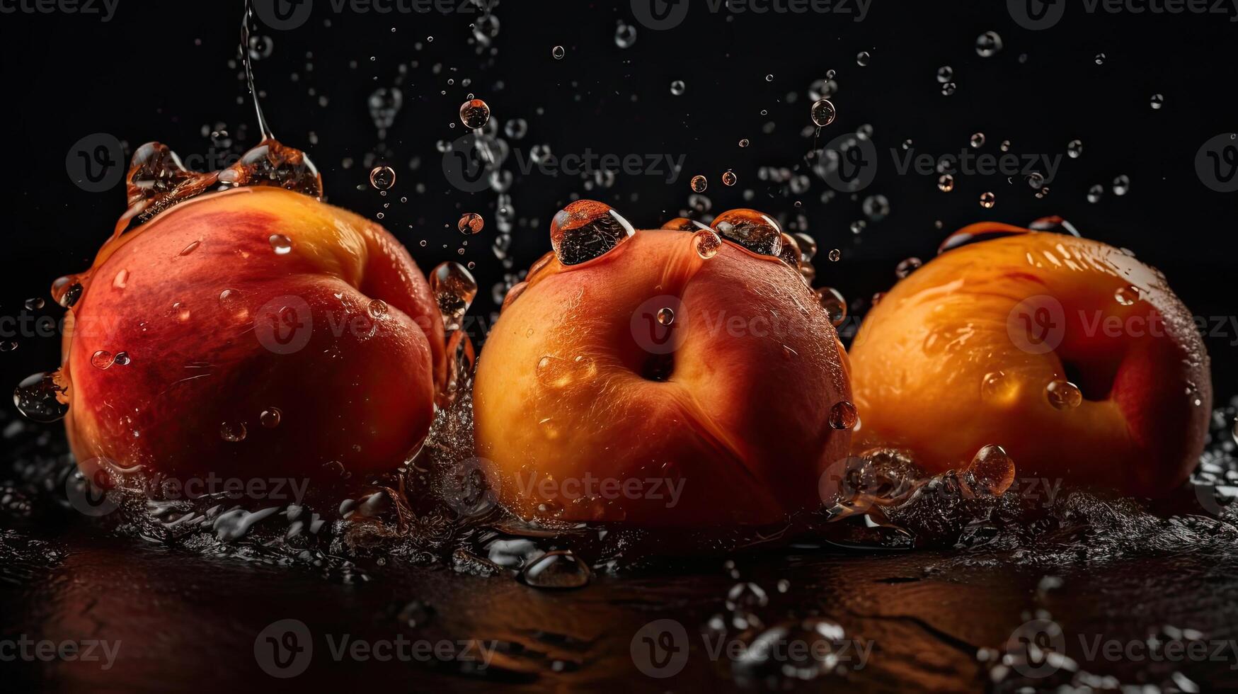 Fresh Peach hit by splashes of water with black blur background, AI Generative photo