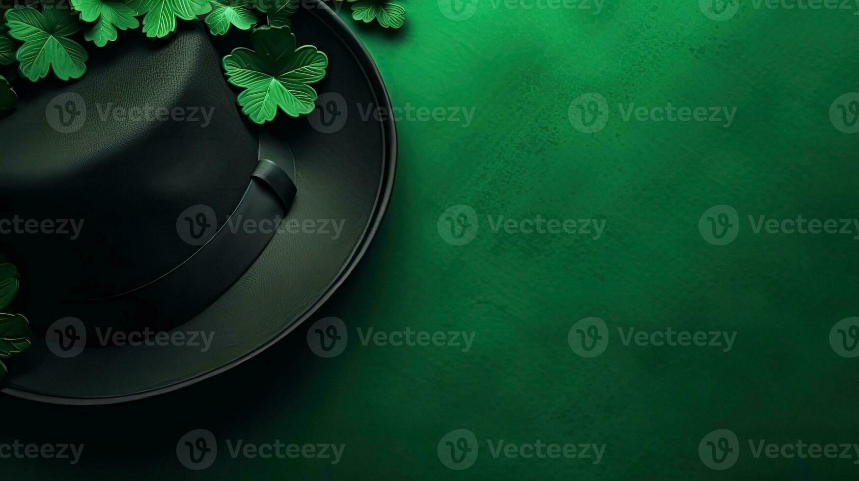 Top View of St Patrick's with green hat and leaves on green pastel background for banner design, AI Generative photo