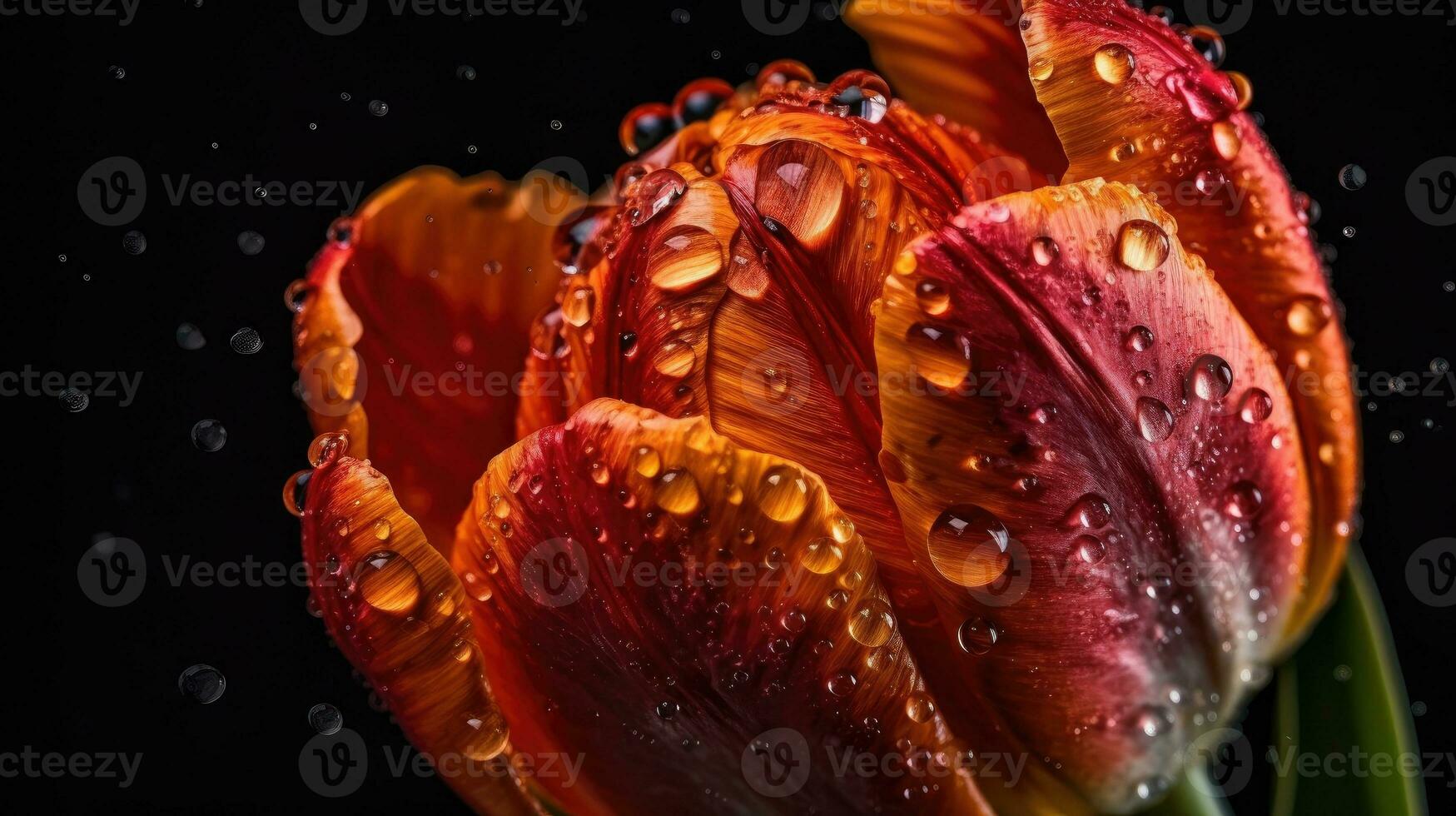 Tulips Flowers hit by splashes of water with black blur background, AI Generative photo