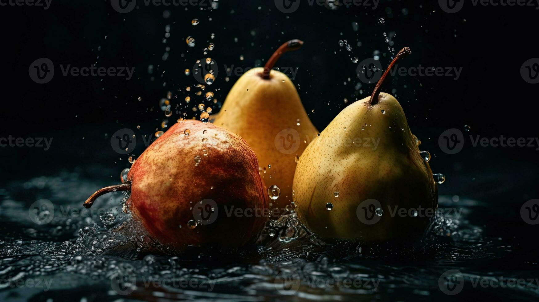 Pear fruits hit by splashes of water with black blur background, AI Generative photo