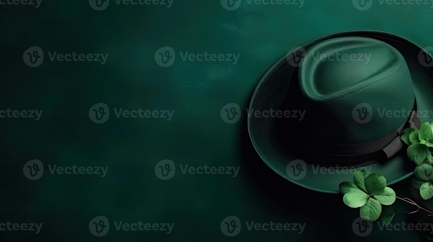 St Patrick's with green leaves and green hat on green pastel background for banner design, photo
