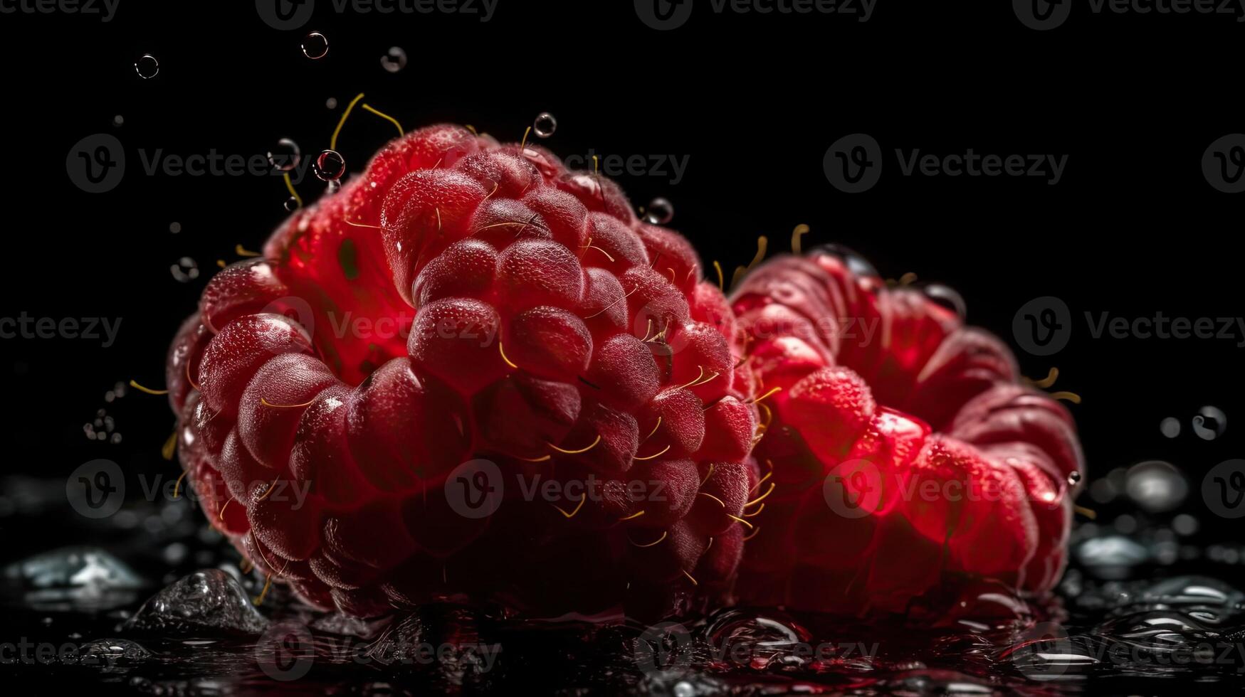 Raspberry hit by splashes of water with black blur background, photo