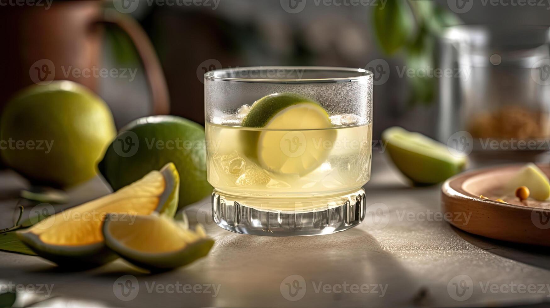 Closeup fresh pisco punch cocktail with lime cut and blurred background, AI Generative photo